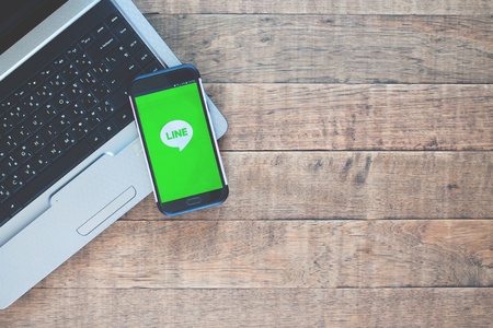 BANGKOK, THAILAND - MAY 1, 2019 : Samsung Mobile opened to LINE application. LINE Massager is a communication app with free voice calls and send free messagesのeditorial素材