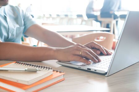 Close up of man hands using laptop computer for marketing content. Online marketing. Business and technology conceptの写真素材