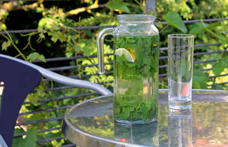 lemon balm tea in a glass jar on a terrace table with chairの写真素材