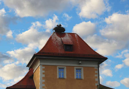 stork nest with two storks on the roof of an old building, cloud-skyの写真素材