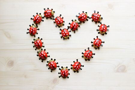 love, heart formed with chocolate ladybugs on bright woodの写真素材