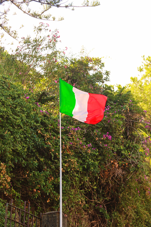 Italian flag waving in front of mediterranean trees and bushes, background with copy spaceの写真素材
