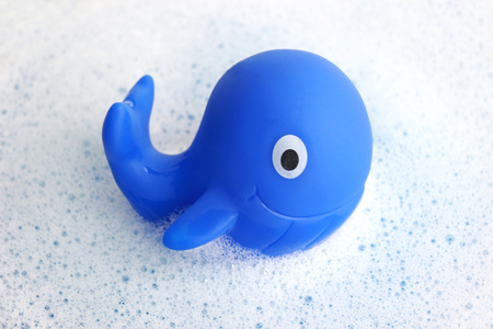 cute blue rubber whale on white soap foam, close-upの写真素材