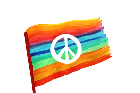 peace sign on a rainbow colored flag, watercolor painting with white background and copy spaceの写真素材