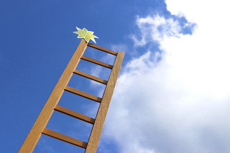 wooden ladder with a golden star on top rising up the sky