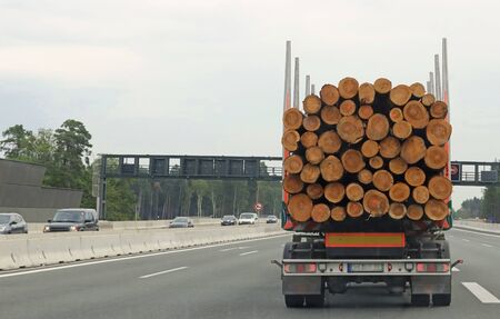 rear view of a timber transporter on a german motorway, background with copy space