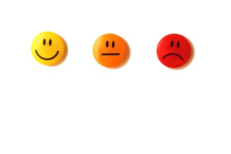 satisfaction scale represented by three smileys (smiling, neutral, sad) on a white backgroundの写真素材