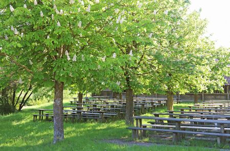 traditional Bavarian beer garden under chestnut trees waiting for guestsの写真素材