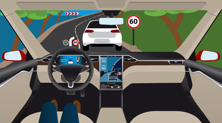 Driverless electric car. Autonomous self driving mode. Head-up display. Vector illustrationのイラスト素材