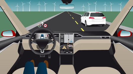 Driverless electric car. Autonomous self driving mode. Head-up display. Vector illustrationのイラスト素材