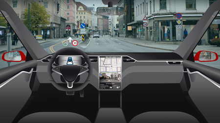 Driverless electric car. Autonomous self driving mode. Head-up display.の写真素材