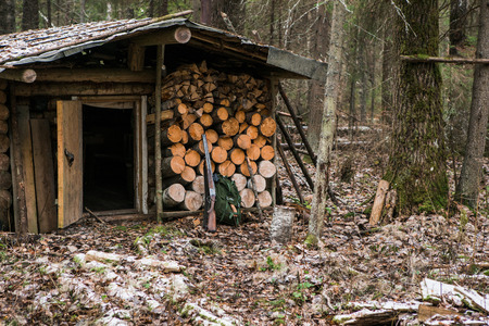Old wooden hunting lodge in the forest.の写真素材