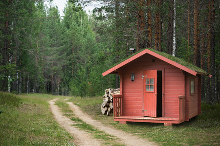 Red wooden hunting lodge with grass on the roof near the road in the forestの写真素材