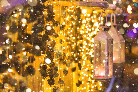 Christmas decoration with lanterns of a store windowの写真素材