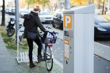 Parking machine with solar panel in the city street. Pay On Foot Parking Systemの写真素材