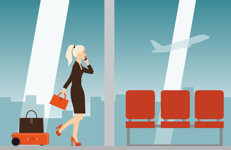Autonomous robot suitcase follows the woman traveler in airport. Vector illustration.のイラスト素材