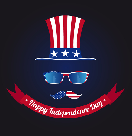 Glasses and mustache design of the American flag. Hat of Uncle Sam. Statue of Liberty in reflection. National holiday in United States of America Independence Day. Vector illustration EPS 10.のイラスト素材