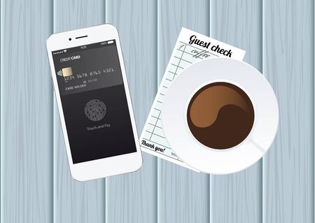 Phone with app for pay with touch identification. Check payment in cafe. Vector illustrationのイラスト素材