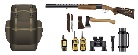 A set of realistic hunting equipment kit: backpack, rifle with cartridges, knife, hatchet, GPS navigator device, walkie-talkie, binoculars, flashlight and thermos. Vector illustration.のイラスト素材