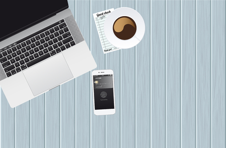 Phone with app for pay with touch identification. Check payment in cafe. Vector illustrationのイラスト素材