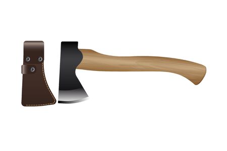 Realistic hunting and travel ax with leather sheath isolated on white background. Vector illustration.のイラスト素材