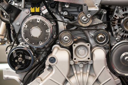 Close up of belting in modern diesel engine