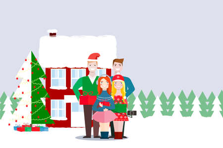 Friends of a woman and a man are standing near to a Christmas tree. Vector illustration.のイラスト素材