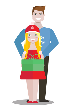 Man and a blond woman are standing on the white background. A girl is holding a gift box in her hands. Vector illustration. Flat design.のイラスト素材