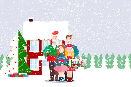 Friends of a woman and a man are standing near to a Christmas tree. Vector illustration.のイラスト素材