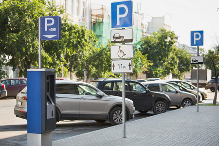 A parking payment system on a city streetの写真素材