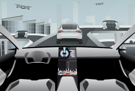 Futuristic self driving car on a high-tech road in the city of the future. Driverless vehicles and drones outside. Vector illustration EPS 10のイラスト素材