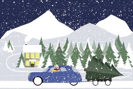 Snowman drives in a retro car on a winter road. Large Christmas tree in a trailer. Winter snow forest at night, christmas. Snowfall. Vector illustration.のイラスト素材