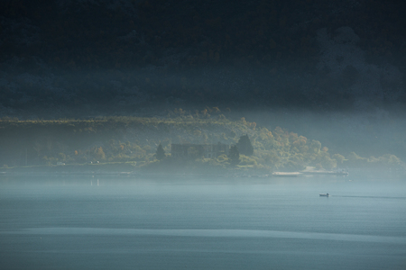 View of the city on the Adriatic sea coast in Montenegro. Misty landscapeの写真素材