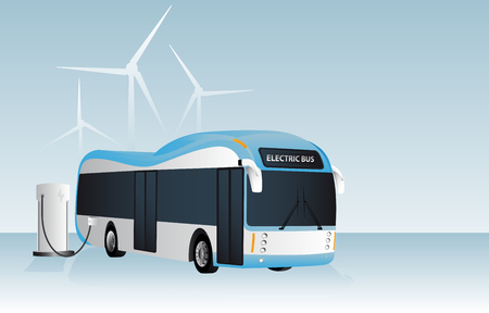 Electric bus is charging at the charging station. In the background wind generators vector illustration.のイラスト素材