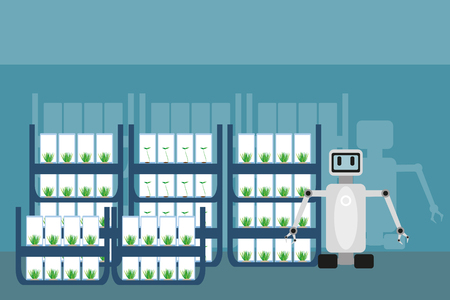 Robot in the greenhouse. Vector illustration of artificial intelligence. Internet of things in agriculture.のイラスト素材