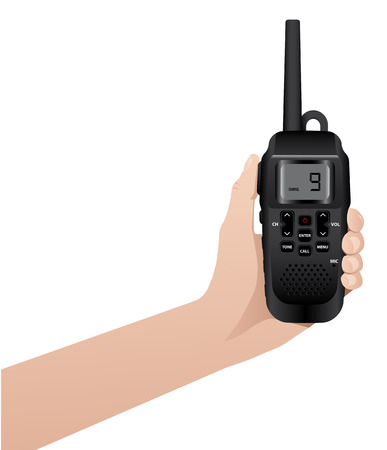 Hand with realistic walkie talkie waterproof device isolated on white background. Vector illustrationのイラスト素材