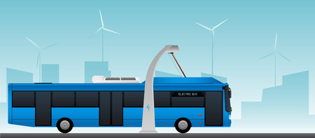Blue electric bus at a stop is charged by pantograph. Vector illustration EPS 10のイラスト素材