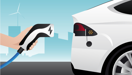 Hand with charging plug. Charging an electric car. Vector illustration.のイラスト素材