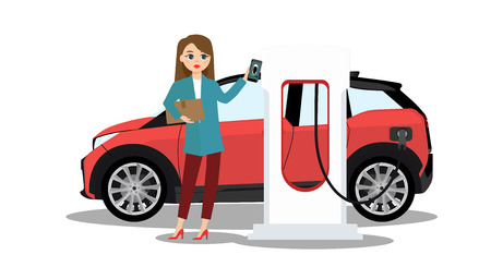 Woman charges an electric car at a charging station for electric vehicles. Isolated on white background.のイラスト素材