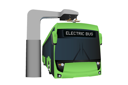 Electric bus at a stop is charged by pantograph. Vector illustrationのイラスト素材