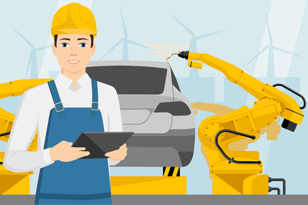 Engineer  with a digital tablet controls the welding robots on the car assembly line. Smart factory. Vector illustrationのイラスト素材