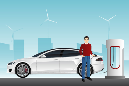 Man charges an electric car at a charging station.のイラスト素材