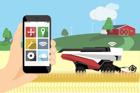 Farmer controls autonomous harvester by phone with mobile app.のイラスト素材