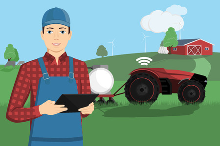 A farmer with a tablet computer controls a autonomous tractor on a smart farm. Vector illustration EPS 10のイラスト素材