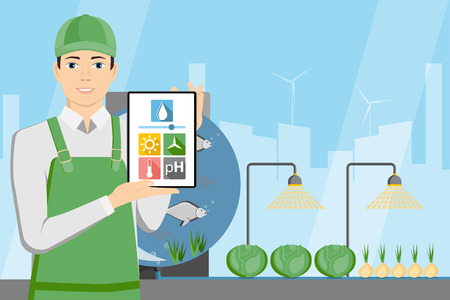 Farmer with digital tablet. Growing plants in the greenhouse with aquaponics system. Vector illustration.のイラスト素材