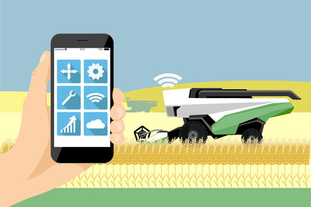 Farmer controls autonomous harvester by phone with mobile app.のイラスト素材