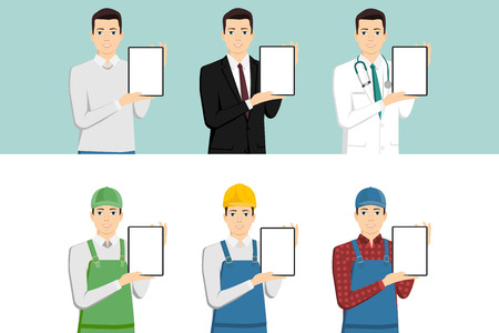 Set of men with a digital tablet. Casual, businessman, medical doctor, courier, worker, farmer. Isolated on white. Vector illustrationのイラスト素材