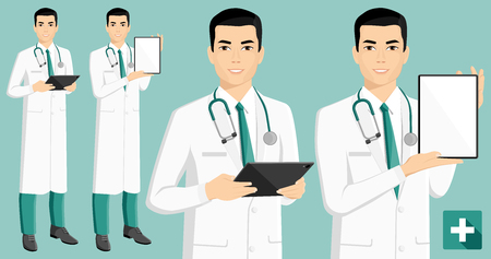 Asian medical doctor with digital tablet. Vector illustrationのイラスト素材