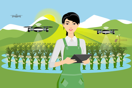 Farmer and drone are watering vegetables in a field. Smart farmingのイラスト素材