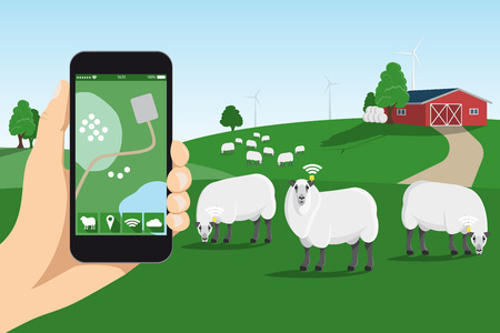 Sheep tracking monitoring in smart farm. Vector illustrationのイラスト素材
